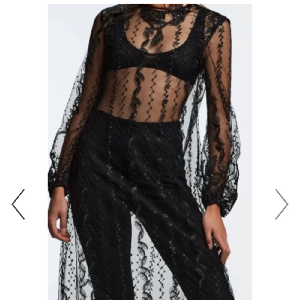 ZARA EMBROIDERED LONG BLACK SEMI-SHEER DRESS